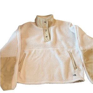 The North Face Cream and Tan Fleece Pullover waist crop with drawstring